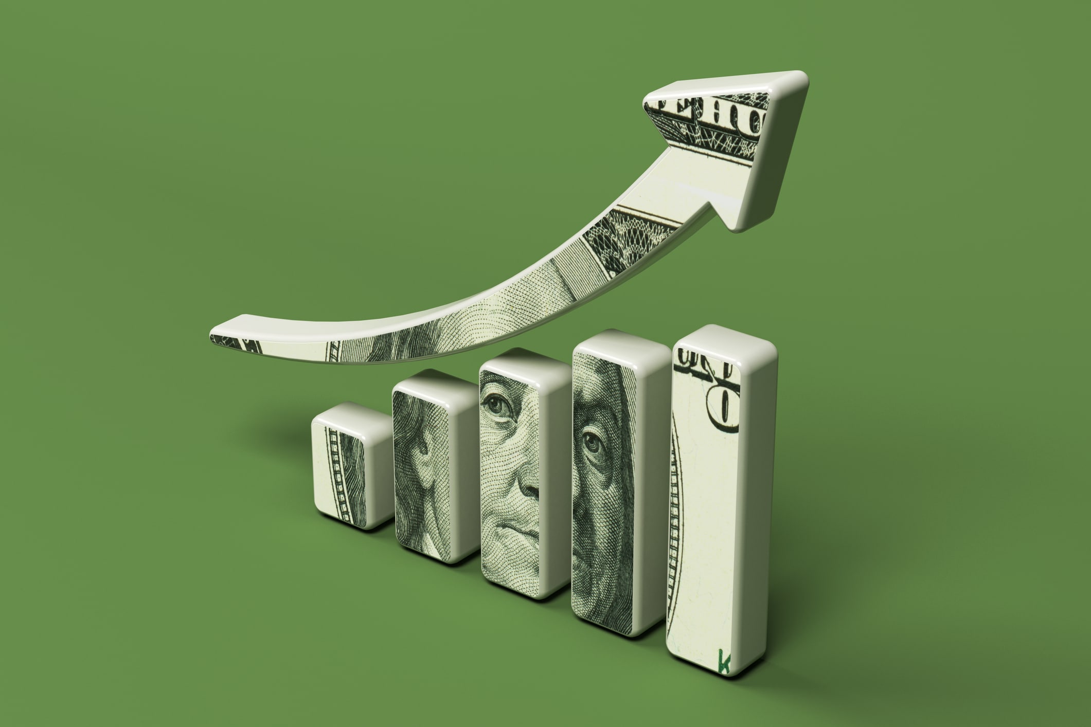 Financial chart and  100 dollar banknote. On a green-colored background. 