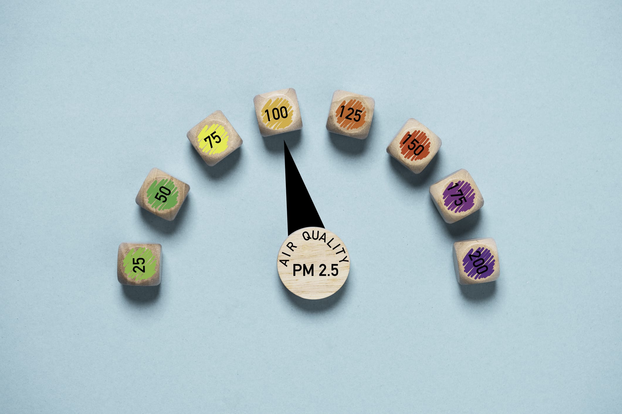Air quality indicator scale on blue background which check PM 2.5 or particulate matter 2.5 micron for air pollution effect to health and lifestyle concept.