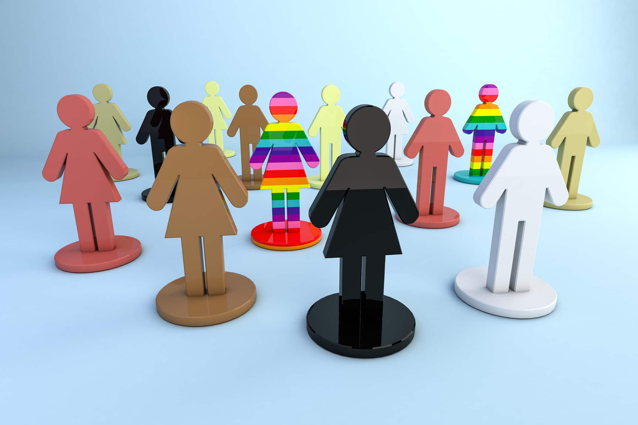 3D illustration of colorful human figures representing diversity and inclusion, with different skin tones and patterns symbolizing equality, respect and unity in a multicultural environment