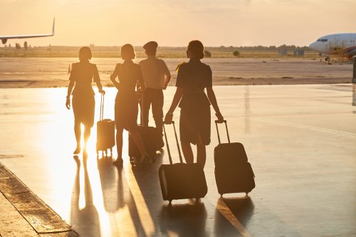 Members of the international airline company carrying their luggage while walking towards the plane