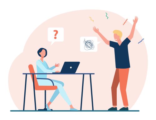 Man shouting on woman working on laptop. Computer, husband, scolding flat vector illustration. Relationship and quarrel concept for banner, website design or landing web page